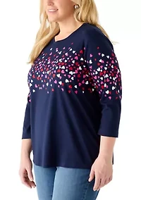 Plus Three-Quarter Sleeve Crew Neck Placement Printed Top