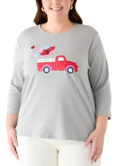 Plus Three-Quarter Sleeve Heather Graphic Top