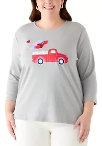 Plus Three-Quarter Sleeve Heather Graphic Top