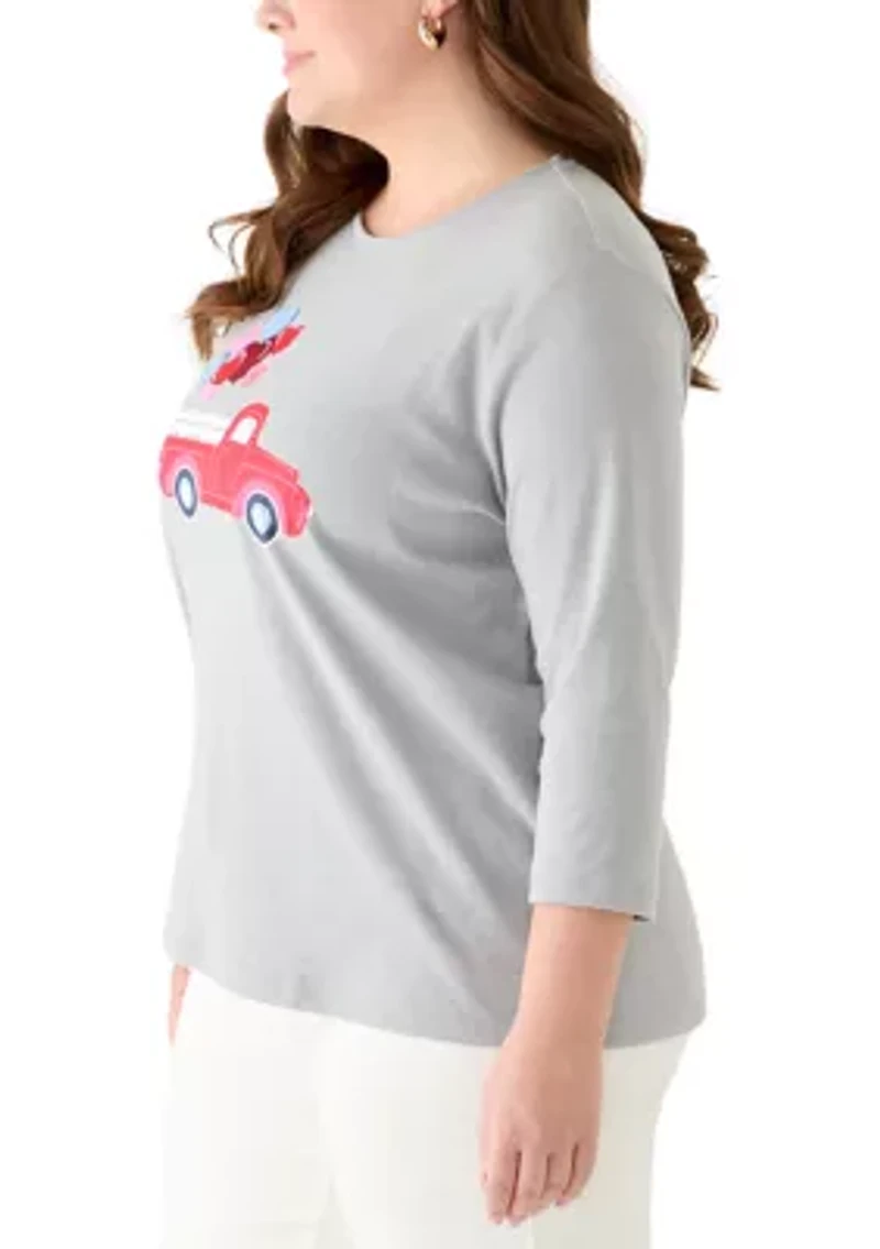 Plus Three-Quarter Sleeve Heather Graphic Top