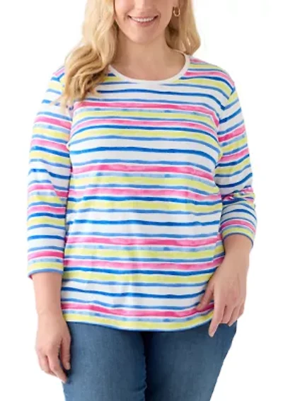 Plus 3/4 Sleeve Crew Neck Stripe Printed Top