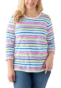 Plus 3/4 Sleeve Crew Neck Stripe Printed Top