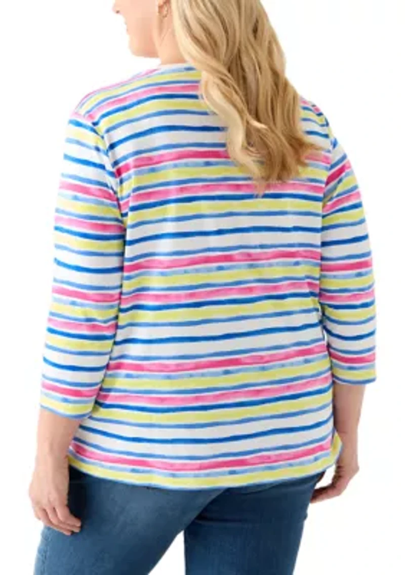 Plus 3/4 Sleeve Crew Neck Stripe Printed Top
