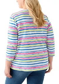 Plus 3/4 Sleeve Crew Neck Stripe Printed Top