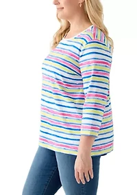 Plus 3/4 Sleeve Crew Neck Stripe Printed Top