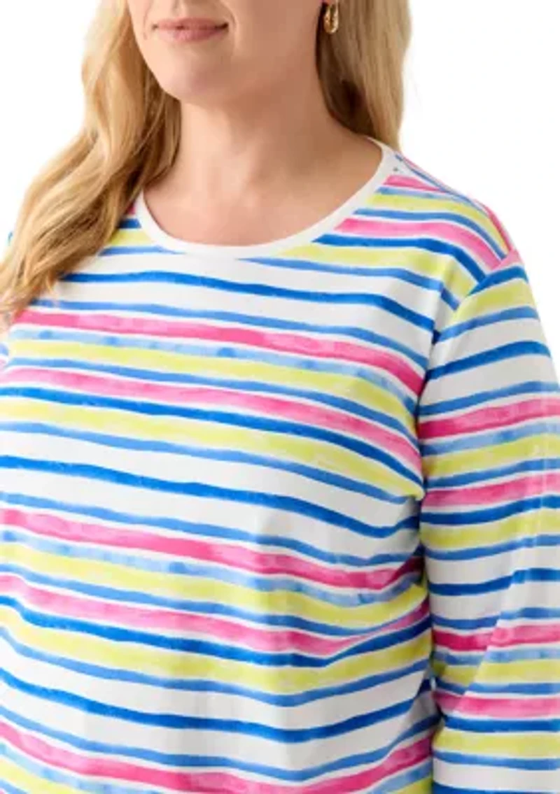 Plus 3/4 Sleeve Crew Neck Stripe Printed Top