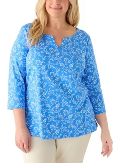 Plus Three-Quarter Sleeve Split Neck Printed T-Shirt