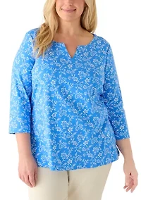 Plus Three-Quarter Sleeve Split Neck Printed T-Shirt