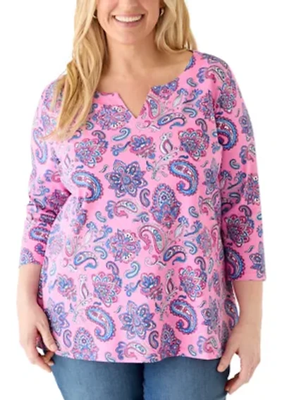 Plus Three-Quarter Sleeve Split Neck Printed T-Shirt