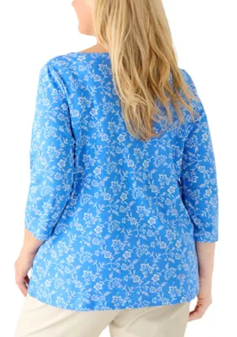 Plus Three-Quarter Sleeve Split Neck Printed T-Shirt