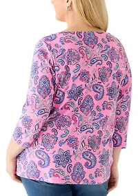 Plus Three-Quarter Sleeve Split Neck Printed T-Shirt