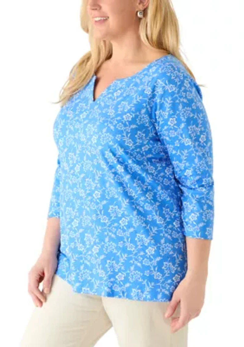 Plus Three-Quarter Sleeve Split Neck Printed T-Shirt