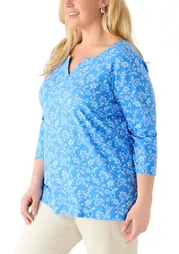 Plus Three-Quarter Sleeve Split Neck Printed T-Shirt