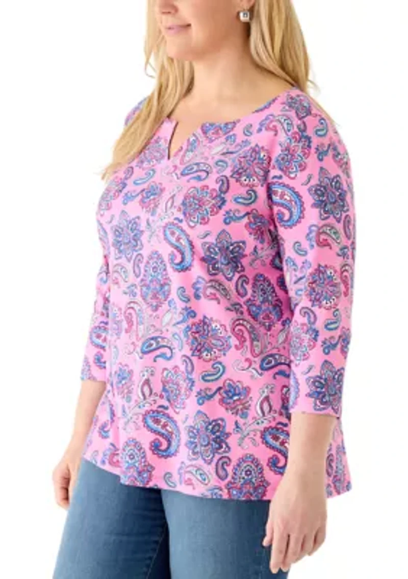 Plus Three-Quarter Sleeve Split Neck Printed T-Shirt