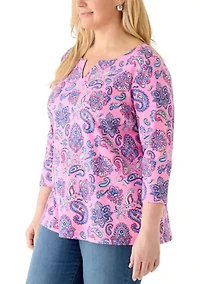 Plus Three-Quarter Sleeve Split Neck Printed T-Shirt