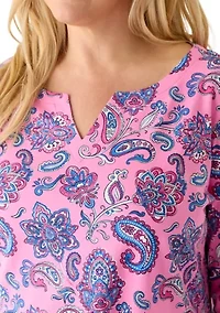 Plus Three-Quarter Sleeve Split Neck Printed T-Shirt