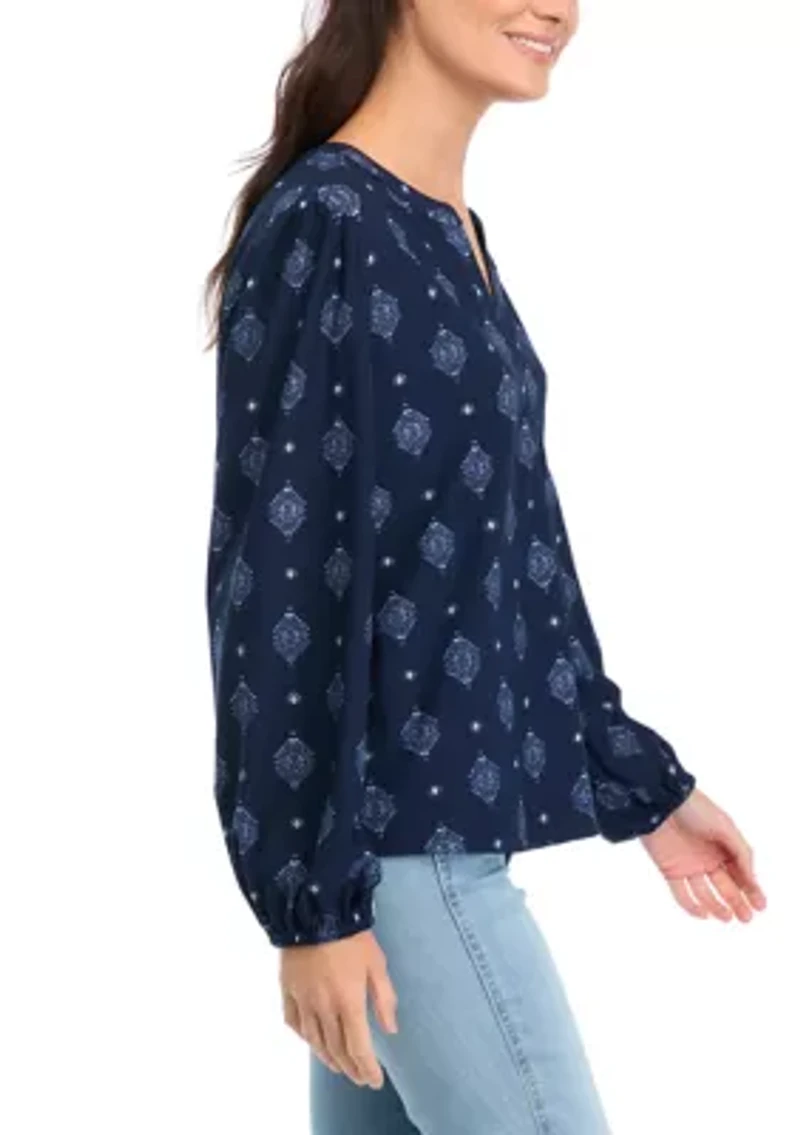 Women's Long Sleeve Printed Popover Blouse