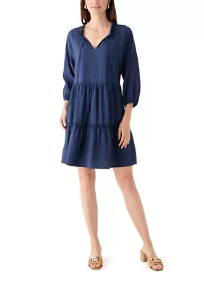 Women's 3/4 Sleeve Split Neck Tiered Mini Dress