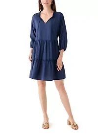 Women's 3/4 Sleeve Split Neck Tiered Mini Dress