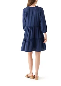 Women's 3/4 Sleeve Split Neck Tiered Mini Dress