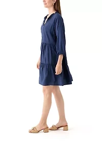 Women's 3/4 Sleeve Split Neck Tiered Mini Dress