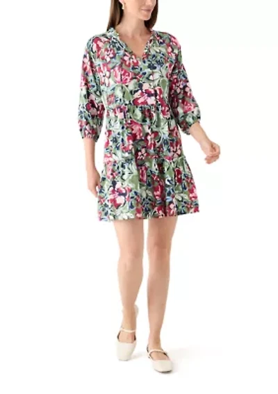 Women's 3/4 Sleeve Split Neck Tiered Printed Mini Dress