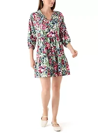 Women's 3/4 Sleeve Split Neck Tiered Printed Mini Dress