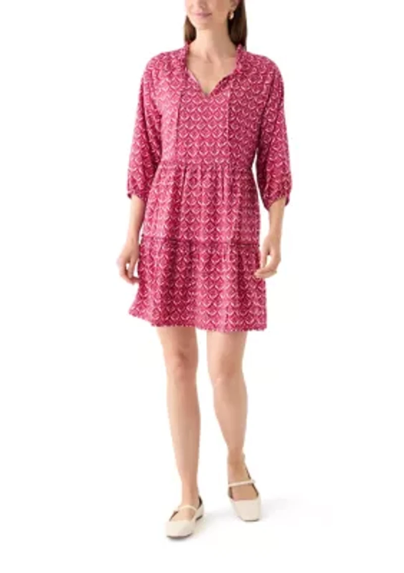 Women's 3/4 Sleeve Split Neck Tiered Printed Mini Dress