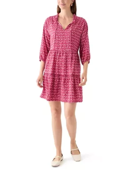 Women's 3/4 Sleeve Split Neck Tiered Printed Mini Dress