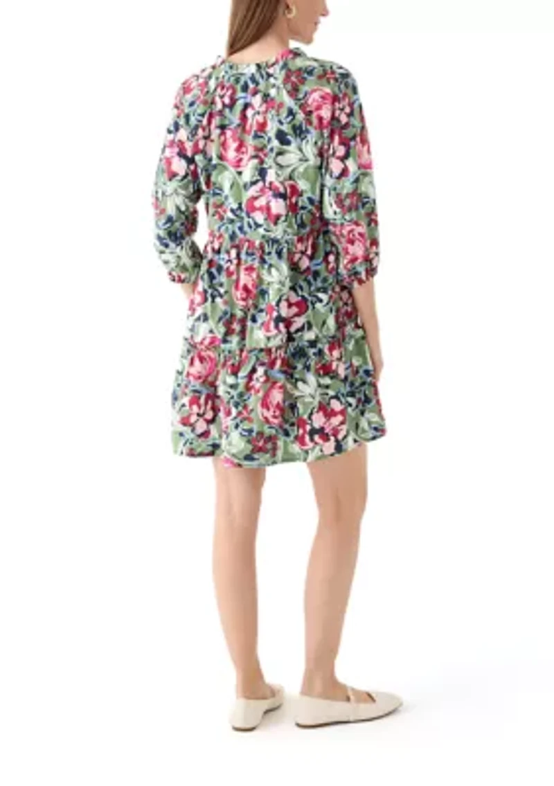Women's 3/4 Sleeve Split Neck Tiered Printed Mini Dress