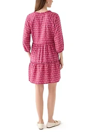 Women's 3/4 Sleeve Split Neck Tiered Printed Mini Dress