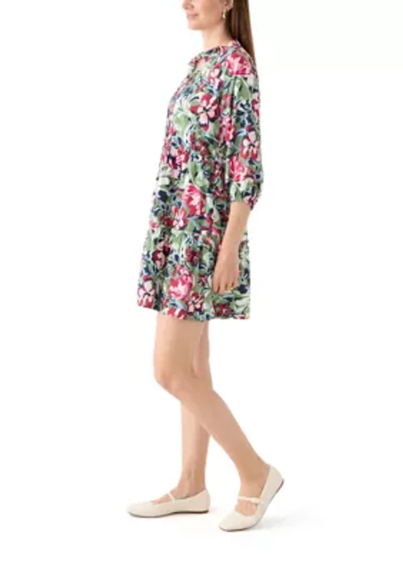 Women's 3/4 Sleeve Split Neck Tiered Printed Mini Dress