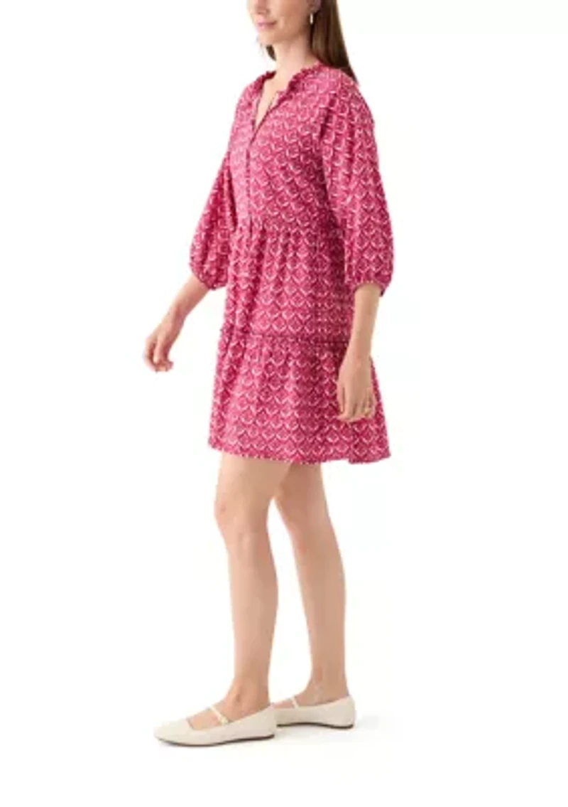 Women's 3/4 Sleeve Split Neck Tiered Printed Mini Dress