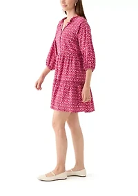 Women's 3/4 Sleeve Split Neck Tiered Printed Mini Dress