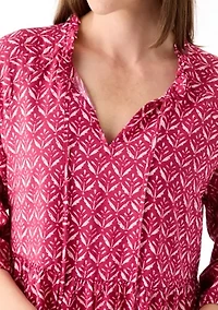 Women's 3/4 Sleeve Split Neck Tiered Printed Mini Dress