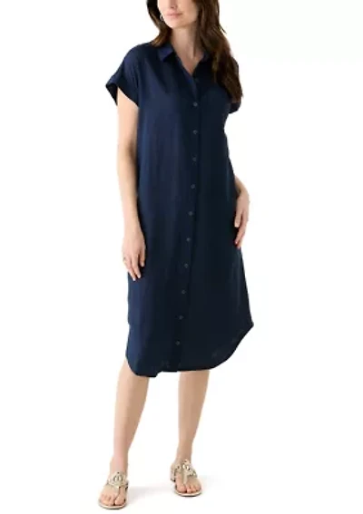 Women's Solid Linen Midi Shirtdress