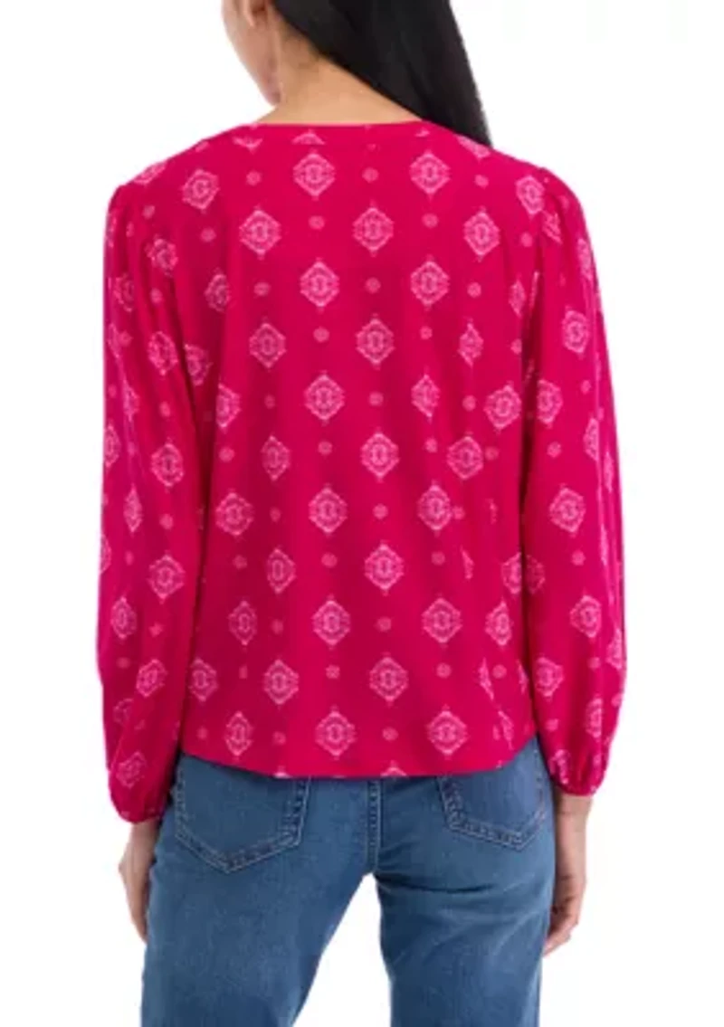 Petite Long Sleeve Printed Blouse