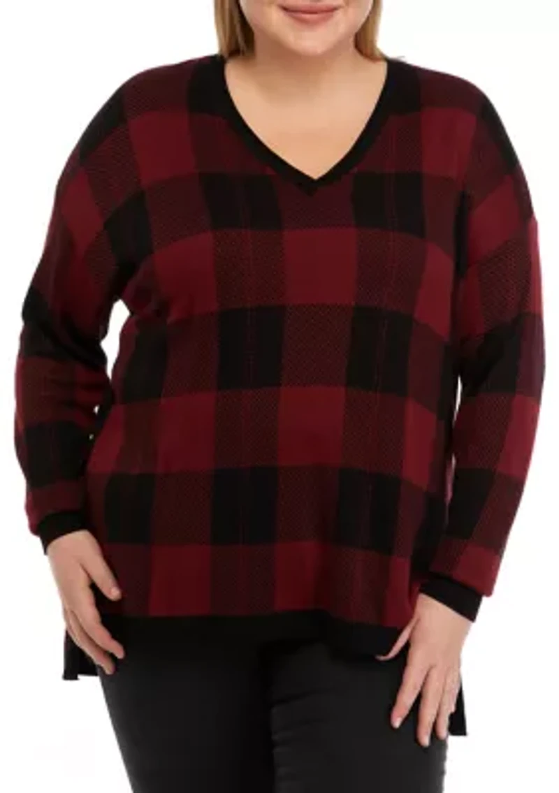 Plus Long Sleeve V-Neck Jacquard Pullover Sweater