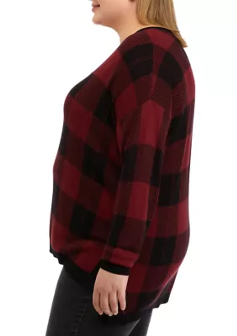 Plus Long Sleeve V-Neck Jacquard Pullover Sweater