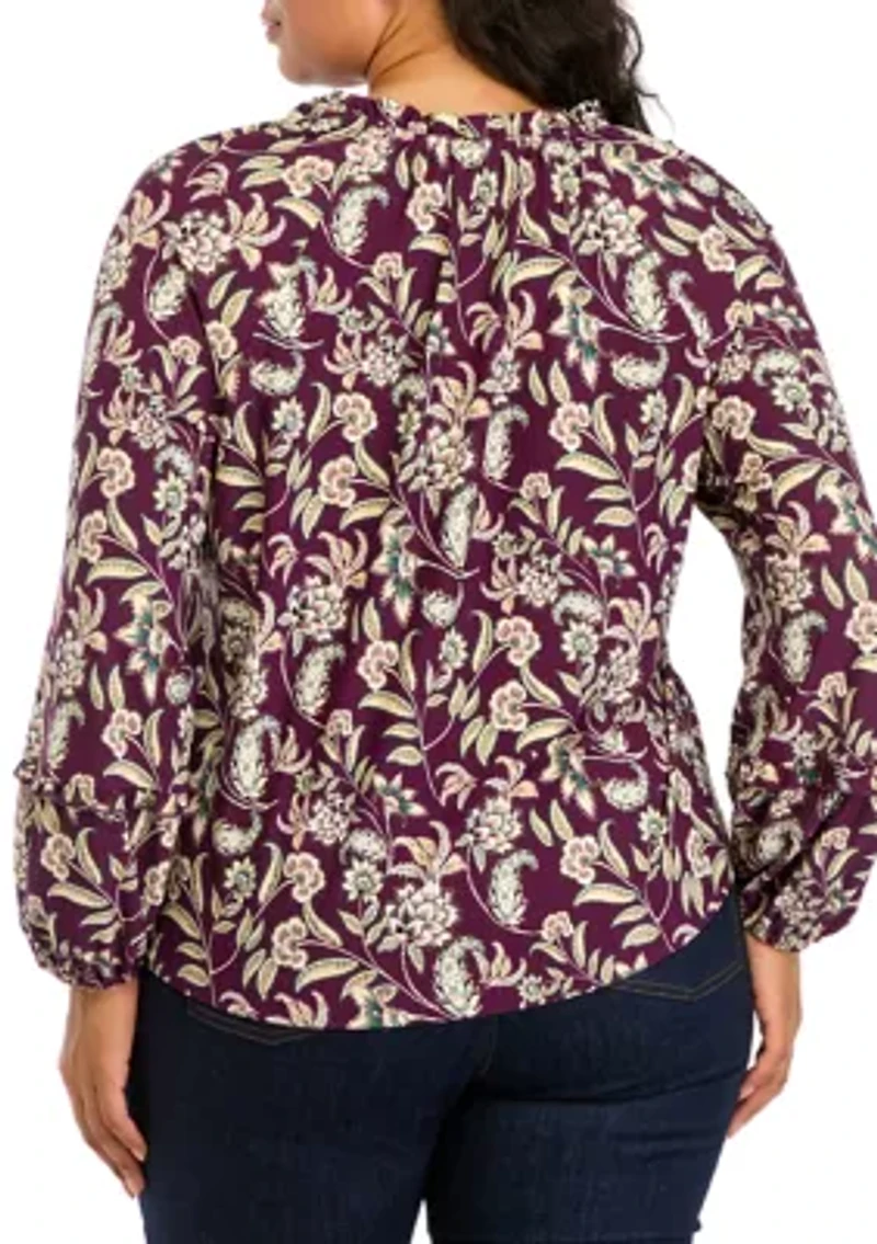 Plus Long Sleeve Printed Blouse