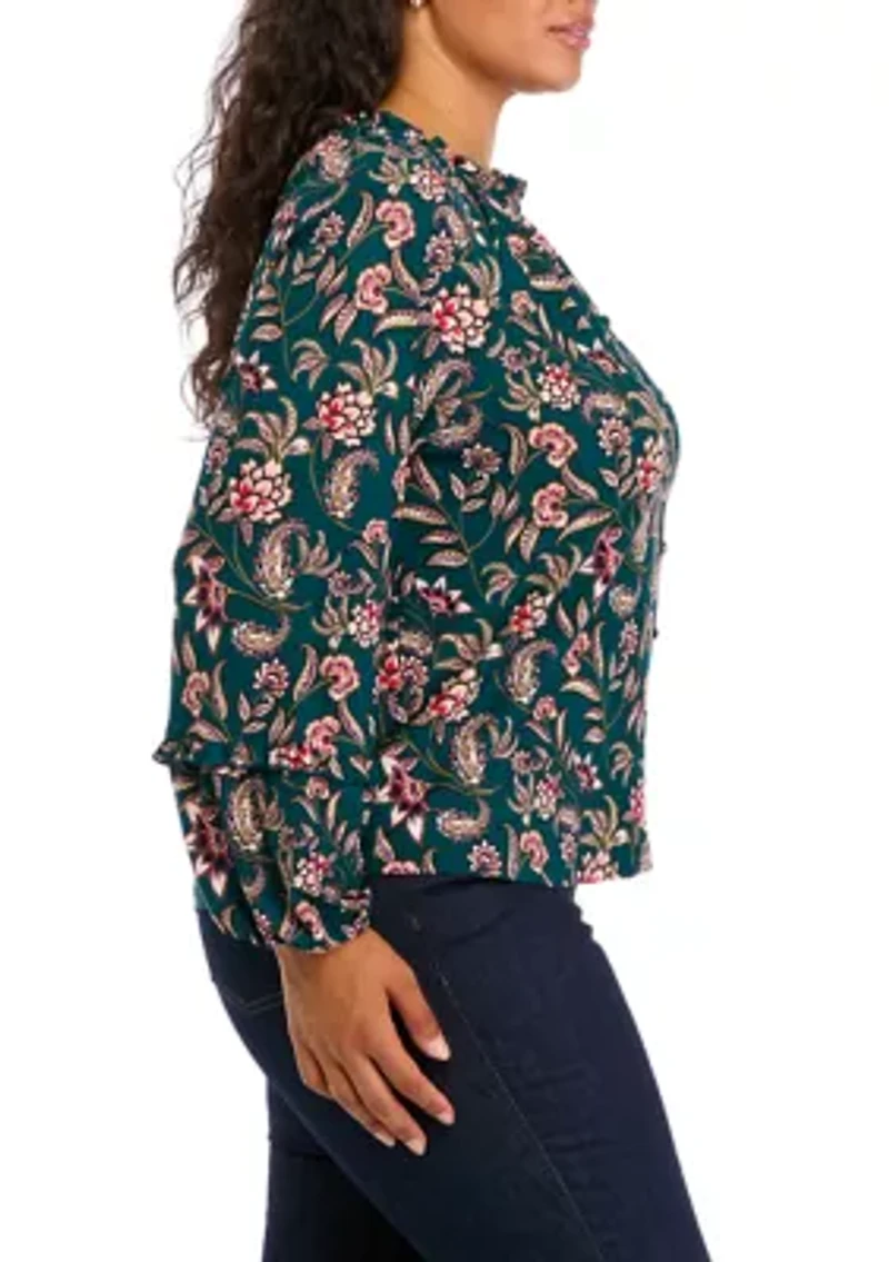 Plus Long Sleeve Printed Blouse