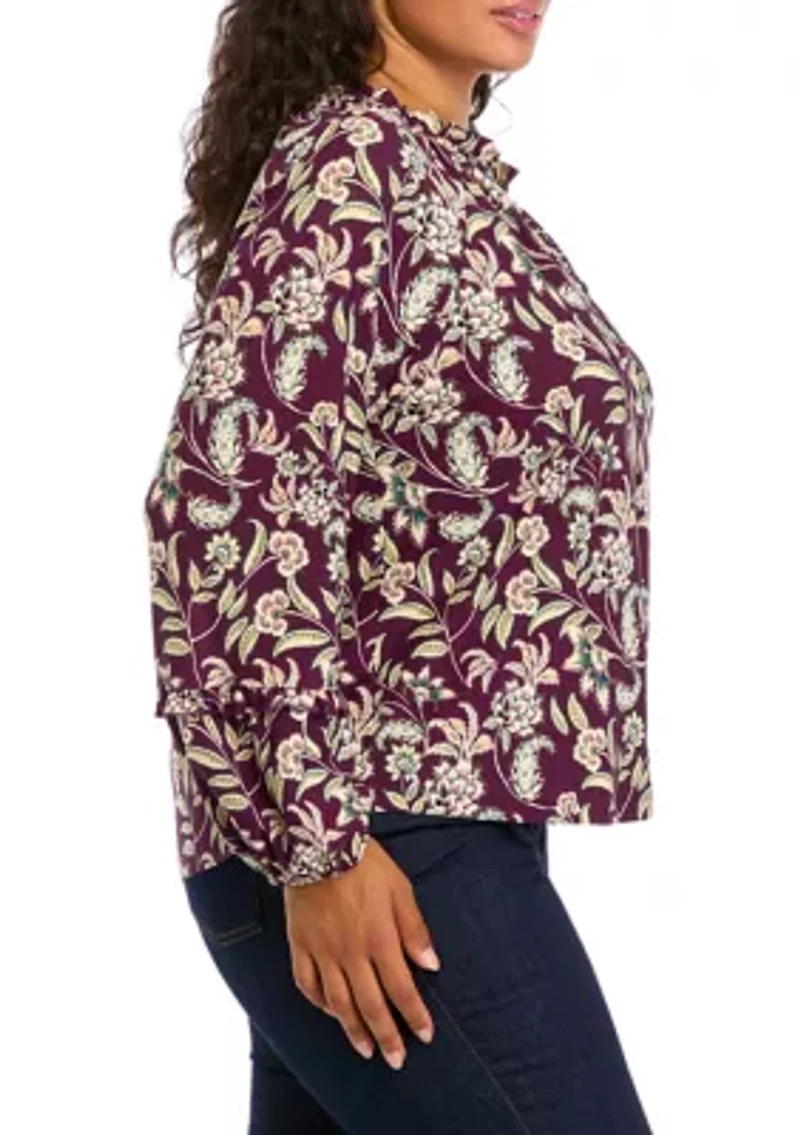 Plus Long Sleeve Printed Blouse