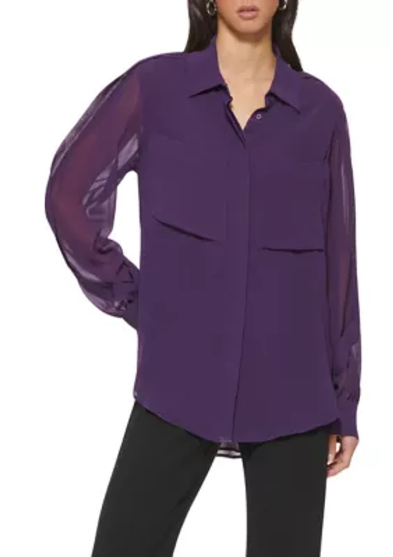 Women's Long Puff Sleeve Chiffon Blouse