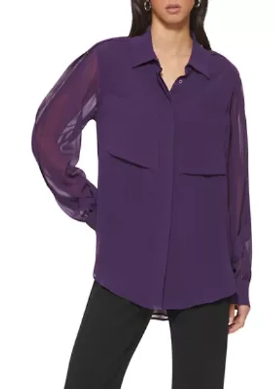 Women's Long Puff Sleeve Chiffon Blouse