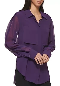 Women's Long Puff Sleeve Chiffon Blouse
