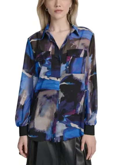 Women's Blouson Sleeve Knit Cuff Tie Dye Top