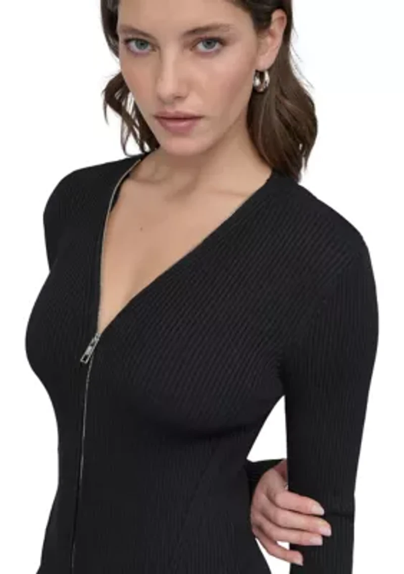 Women's Long Sleeve Zip Front Ribbed Dress