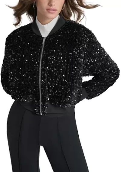 Women's Long Sleeve Velvet Sequin Bomber Jacket