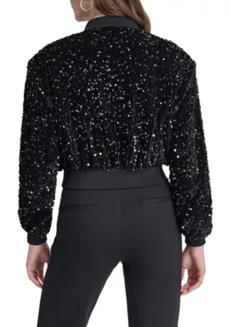 Women's Long Sleeve Velvet Sequin Bomber Jacket