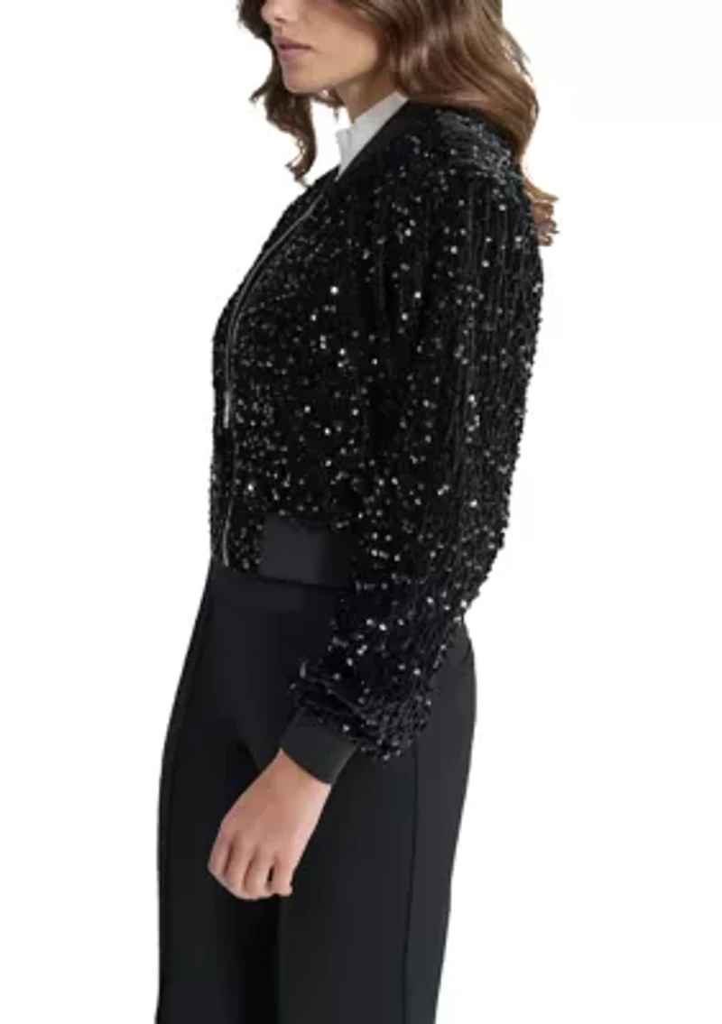 Women's Long Sleeve Velvet Sequin Bomber Jacket